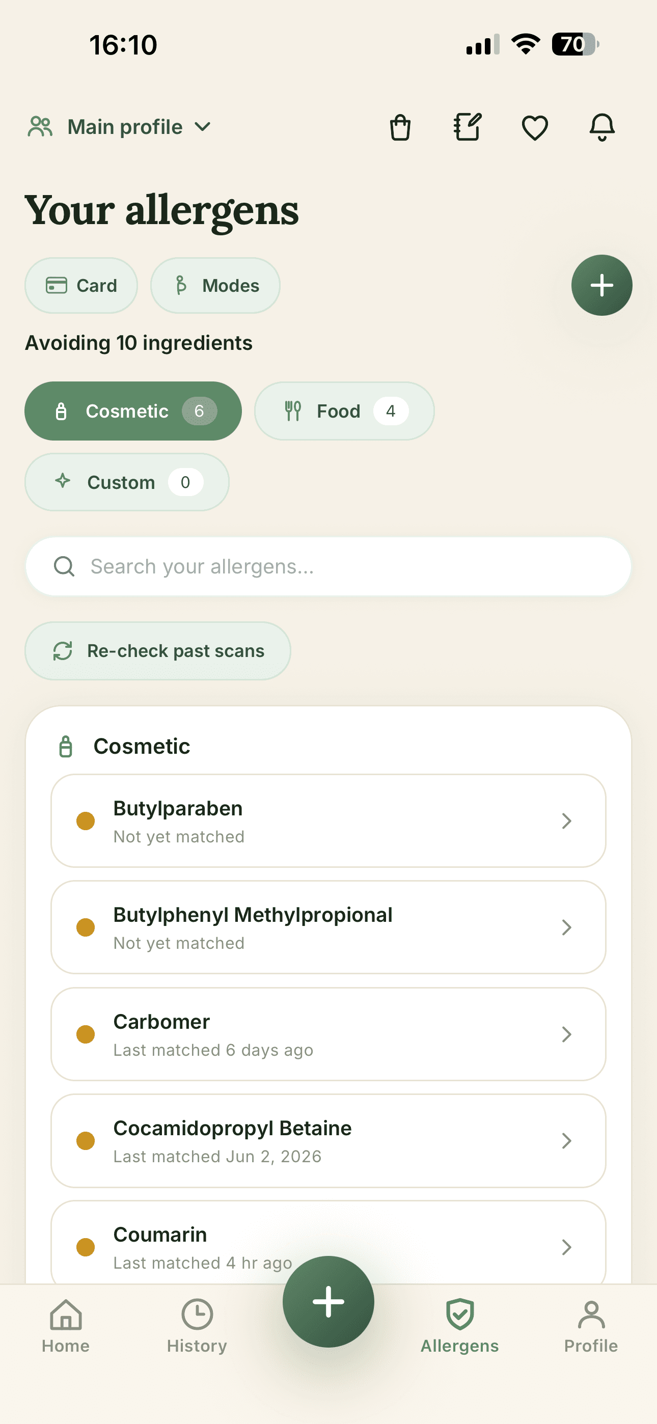 safeforme allergens screen showing cosmetic, food, and custom categories