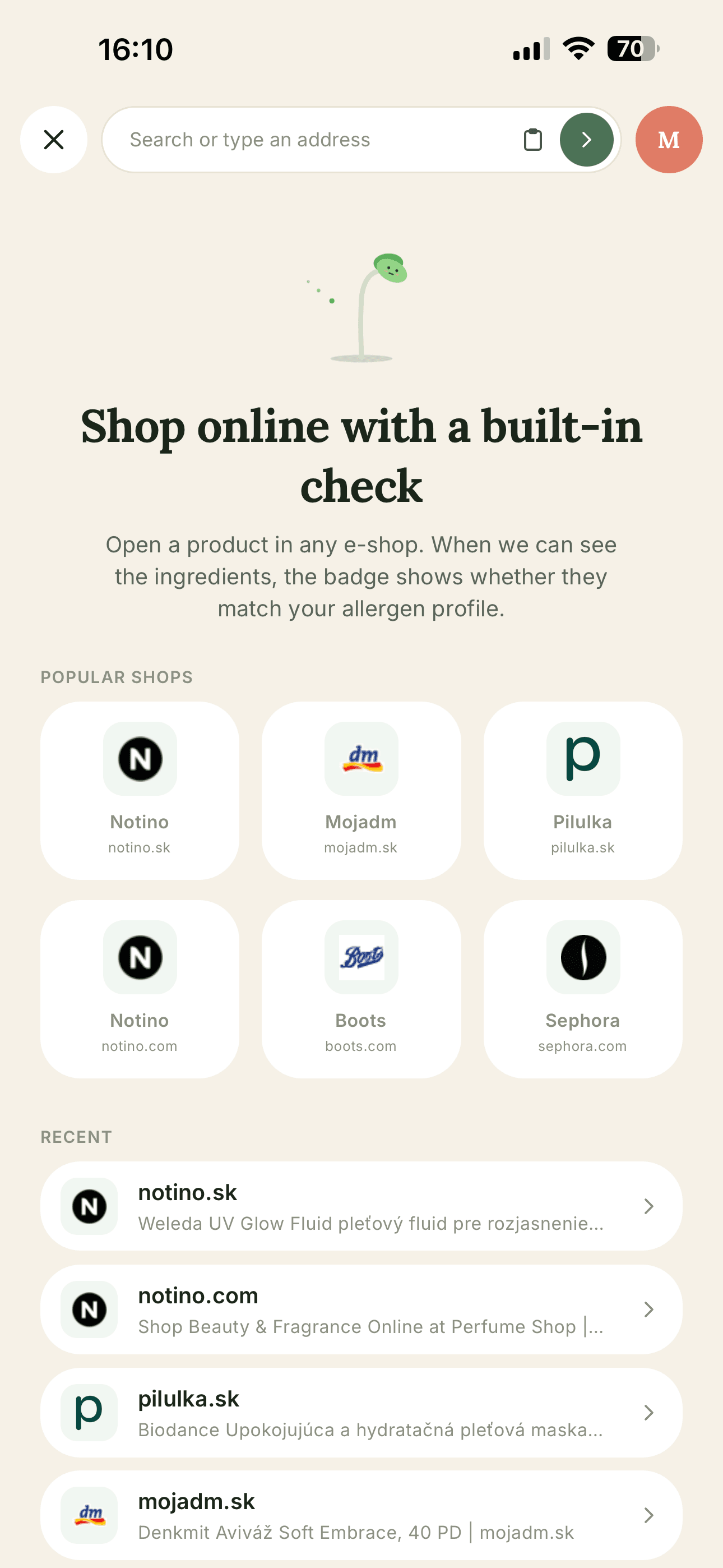 The in-app browser start page with a grid of favourite shops and an address bar