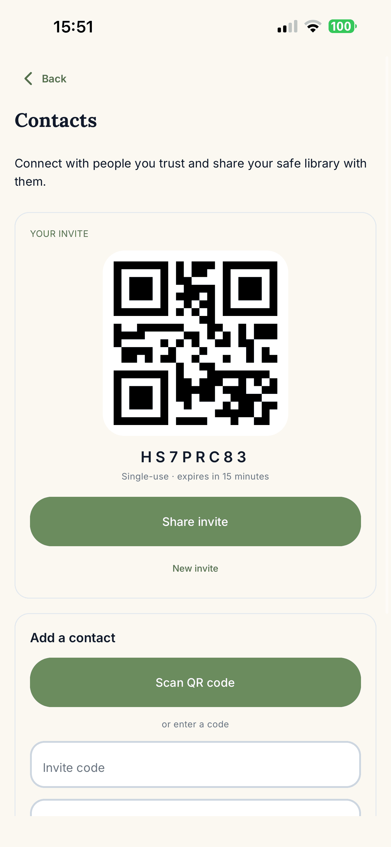 safeforme contacts screen showing a QR invite code and options to add a contact