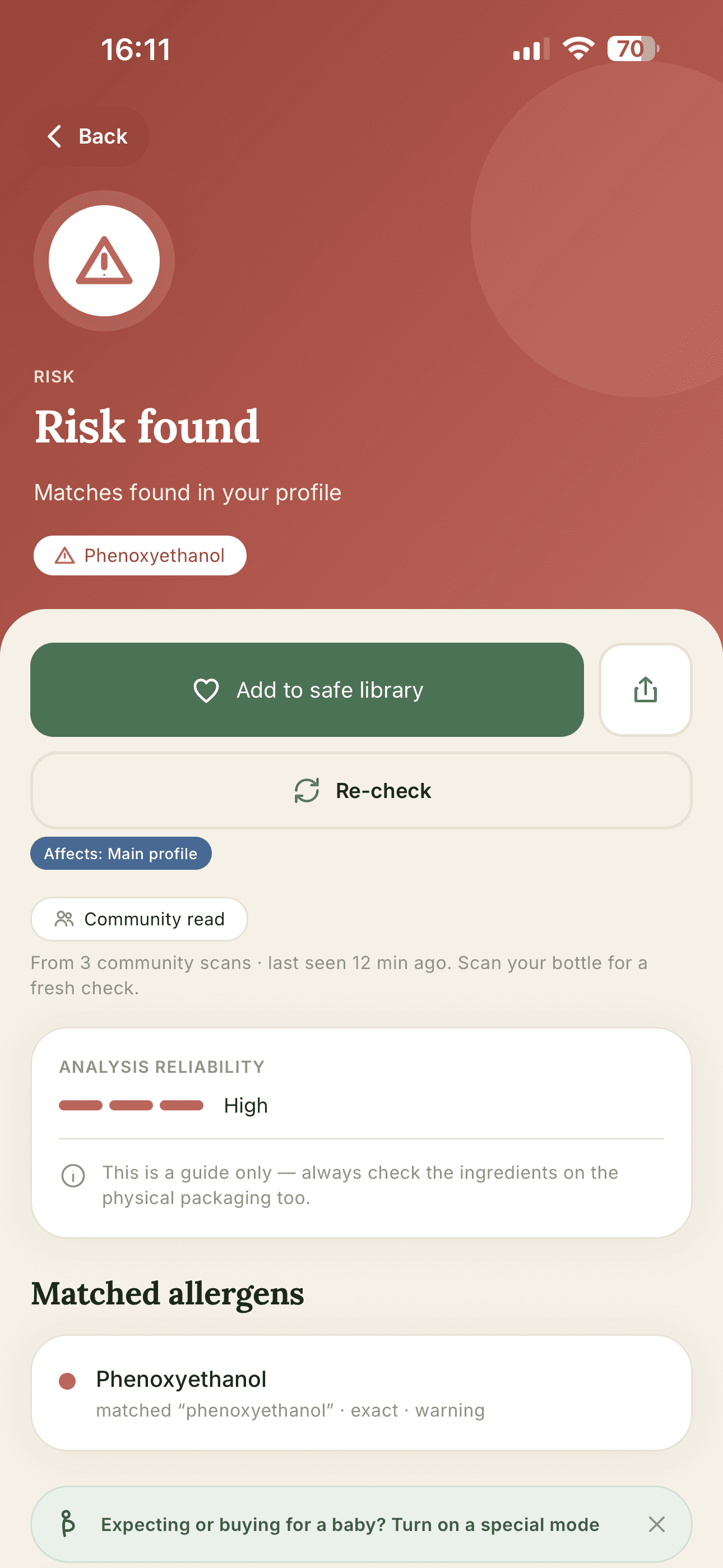 safeforme scan detail screen showing a risk result with the matched allergen