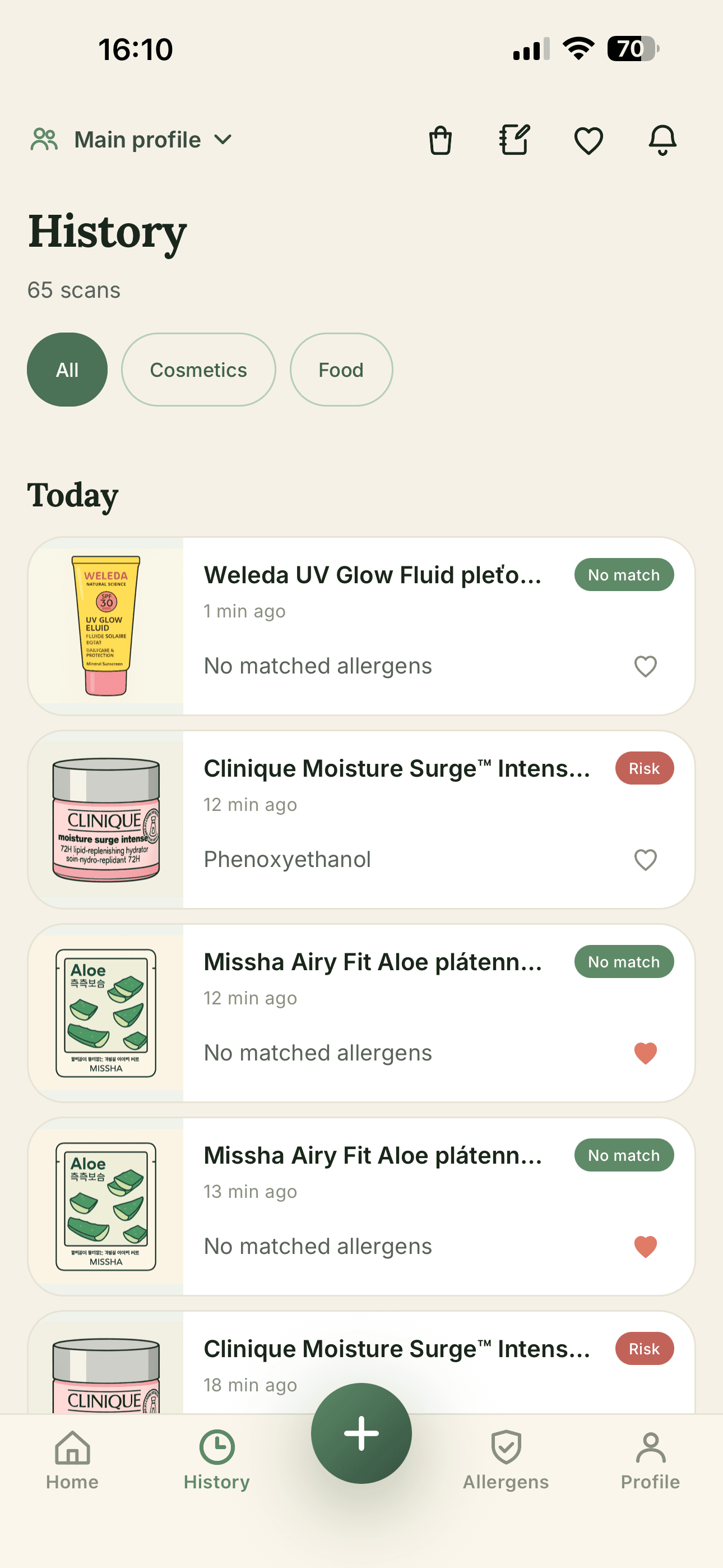 safeforme history screen with scans grouped by day and result filters