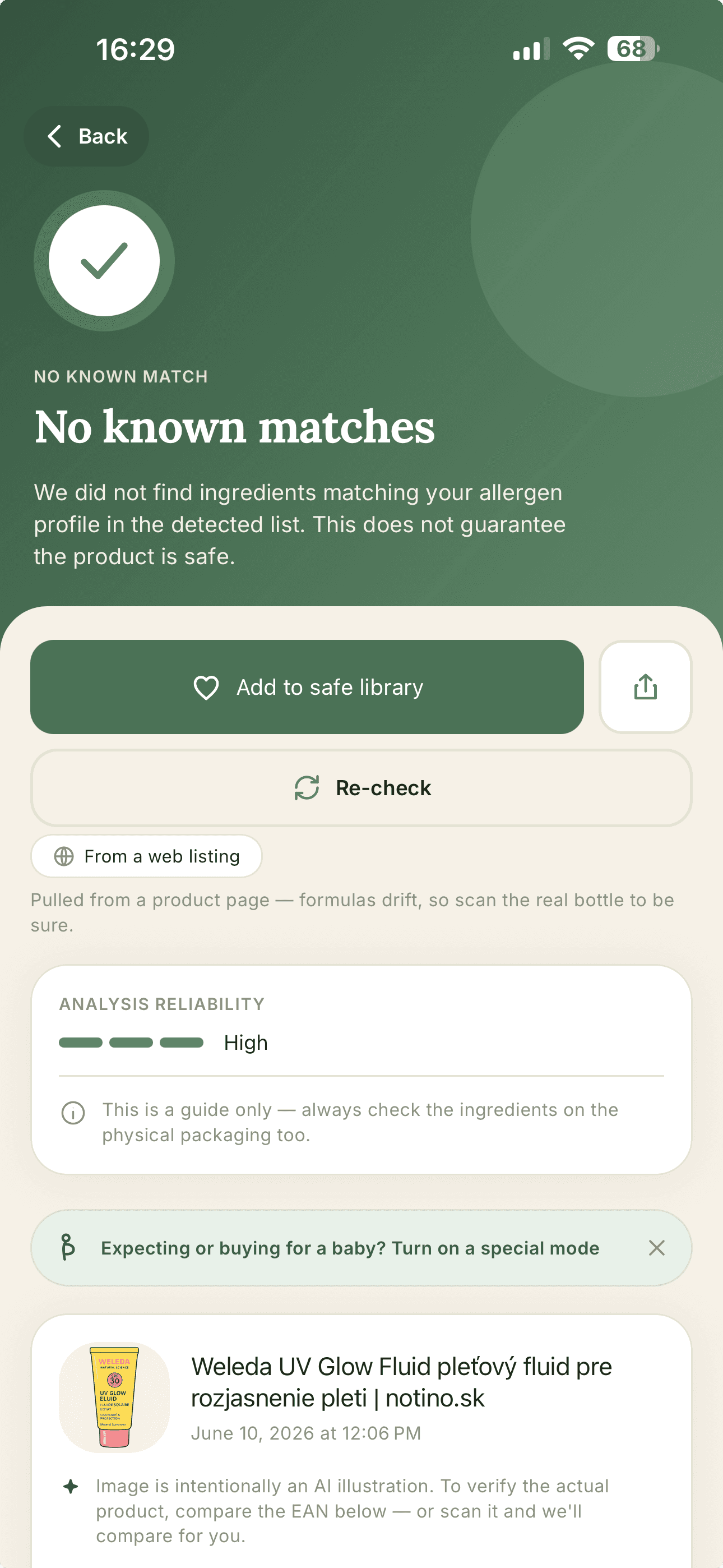 A no-known-matches result from a web listing, with its product card and a provenance badge