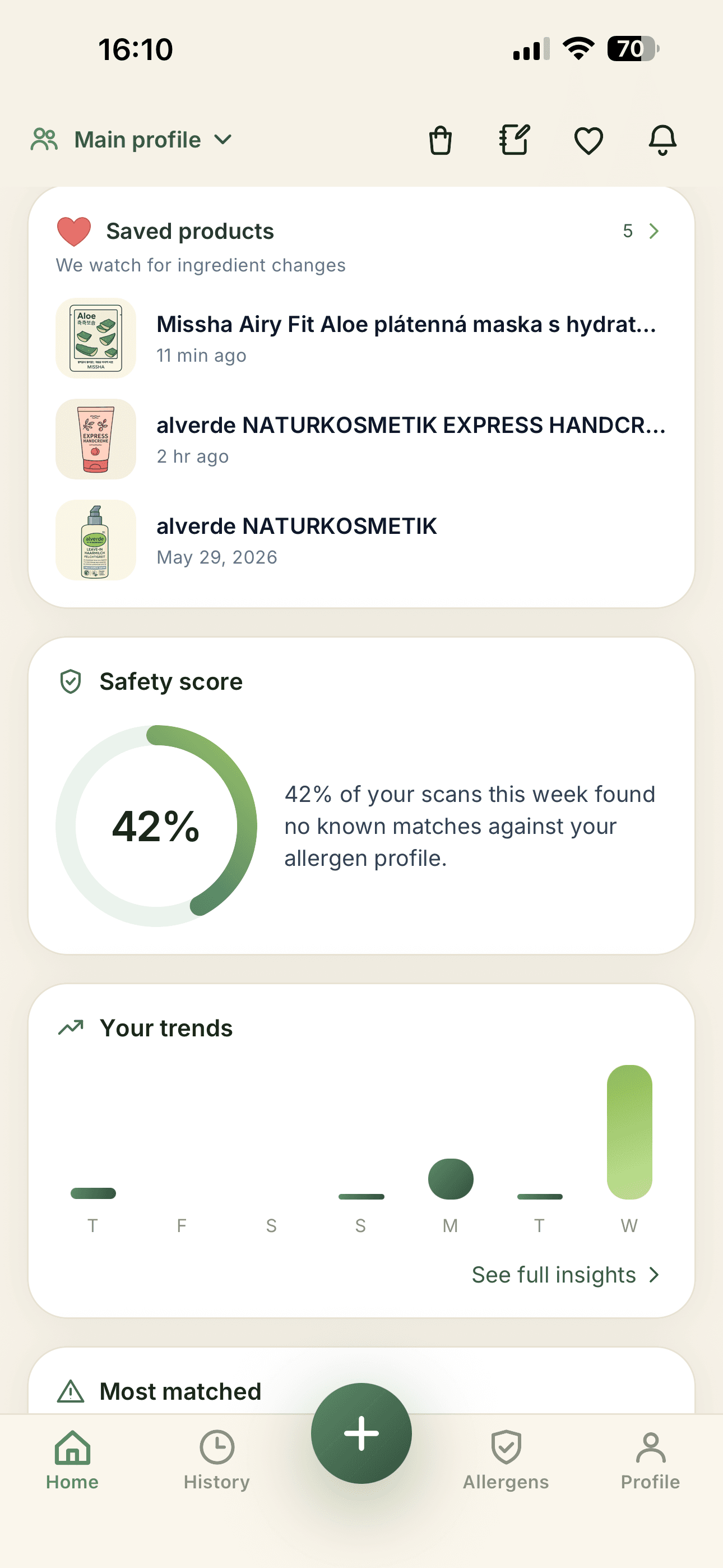 The home screen's saved-products card — we watch for ingredient changes