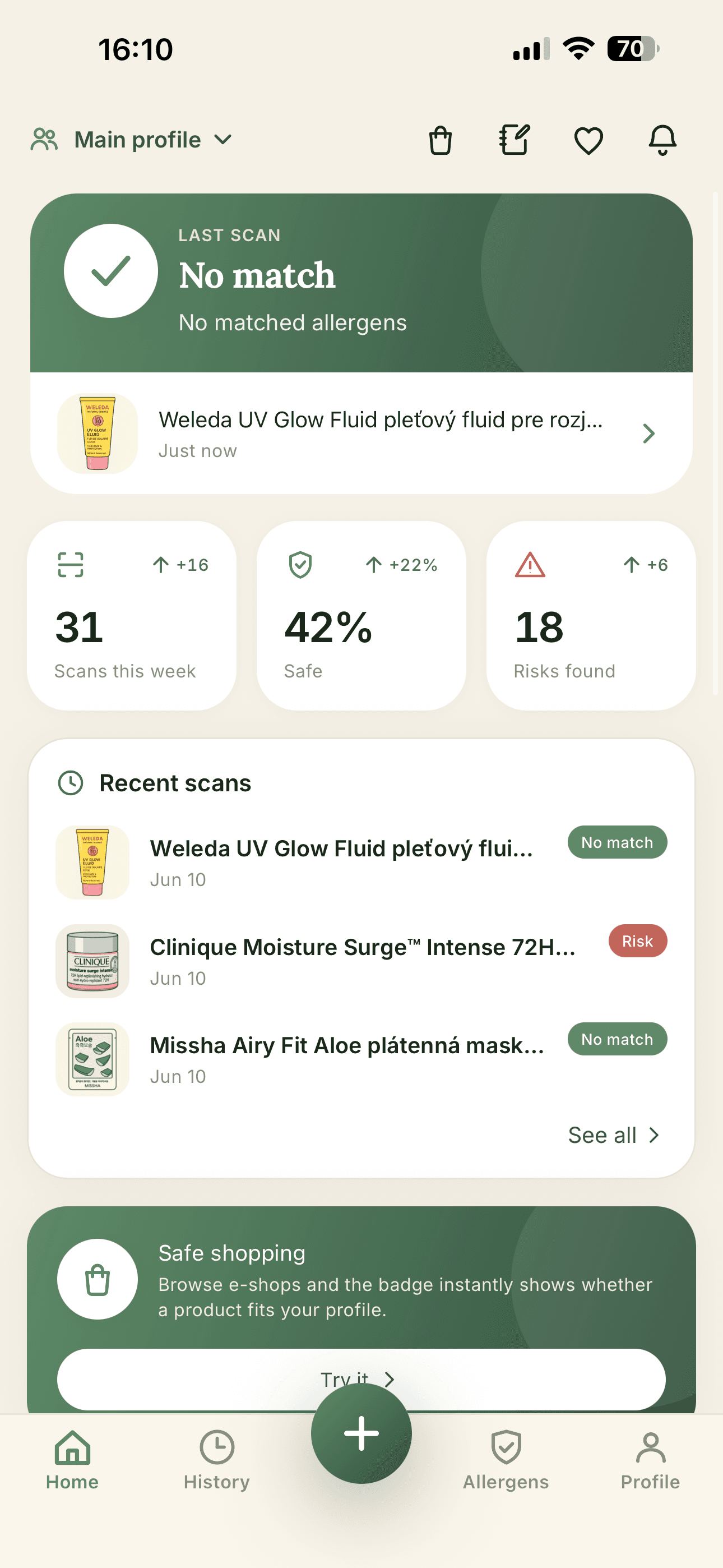safeforme app home screen showing the latest scan result, weekly stats, and recent scans